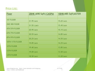Price List:
Delivered
6/17/201
5
www.krishgroup.org, https://www.facebook.com/krishgroup,
https://twitter.com/KGBhiwadi
Floor 2BHK (690 Sqft) CASPIA 1BHK(485 Sqft)ASTER
1ST FLOOR
21.95 Lacs 15.65 Lacs
2ND 3RD FlOOR
21.55 ;Lacs 15.45 Lacs
4TH 5TH FLOOR
20.95 Lacs 15.15 Lacs
6TH 7TH FLOOR
20.55 Lacs 14.85 Lacs
8TH 9TH FLOOR
20.25 Lacs 14.55 Lacs
10TH 11TH FLOOR
19.85 Lacs 14.25 Lacs
12TH FLOOR
19.40 Lacs 13.85 Lacs
13TH FLOOR
19.00 Lacs 13.50 Lacs
14TH FLOOR
18.50 Lacs 13.20 Lacs
 