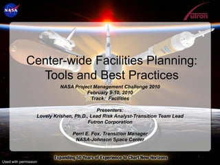 Center-wide Facilities Planning:
               Tools and Best Practices
                            NASA Project Management Challenge 2010
                                      February 9-10, 2010
                                        Track: Facilities

                                             Presenters:
                   Lovely Krishen, Ph.D., Lead Risk Analyst-Transition Team Lead
                                         Futron Corporation

                                 Perri E. Fox, Transition Manager
                                  NASA-Johnson Space Center



Used with permission
 