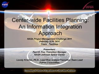 Center-wide Facilities Planning:
  An Information Integration
          Approach
          NASA Project Management Challenge 2011
                    February 9-10, 2011
                     Track: Facilities

                          Presenters:
               Perri E. Fox, Transition Manager
                NASA-Johnson Space Center

 Lovely Krishen, Ph.D., Lead Risk Analyst-Transition Team Lead
                       Futron Corporation
 