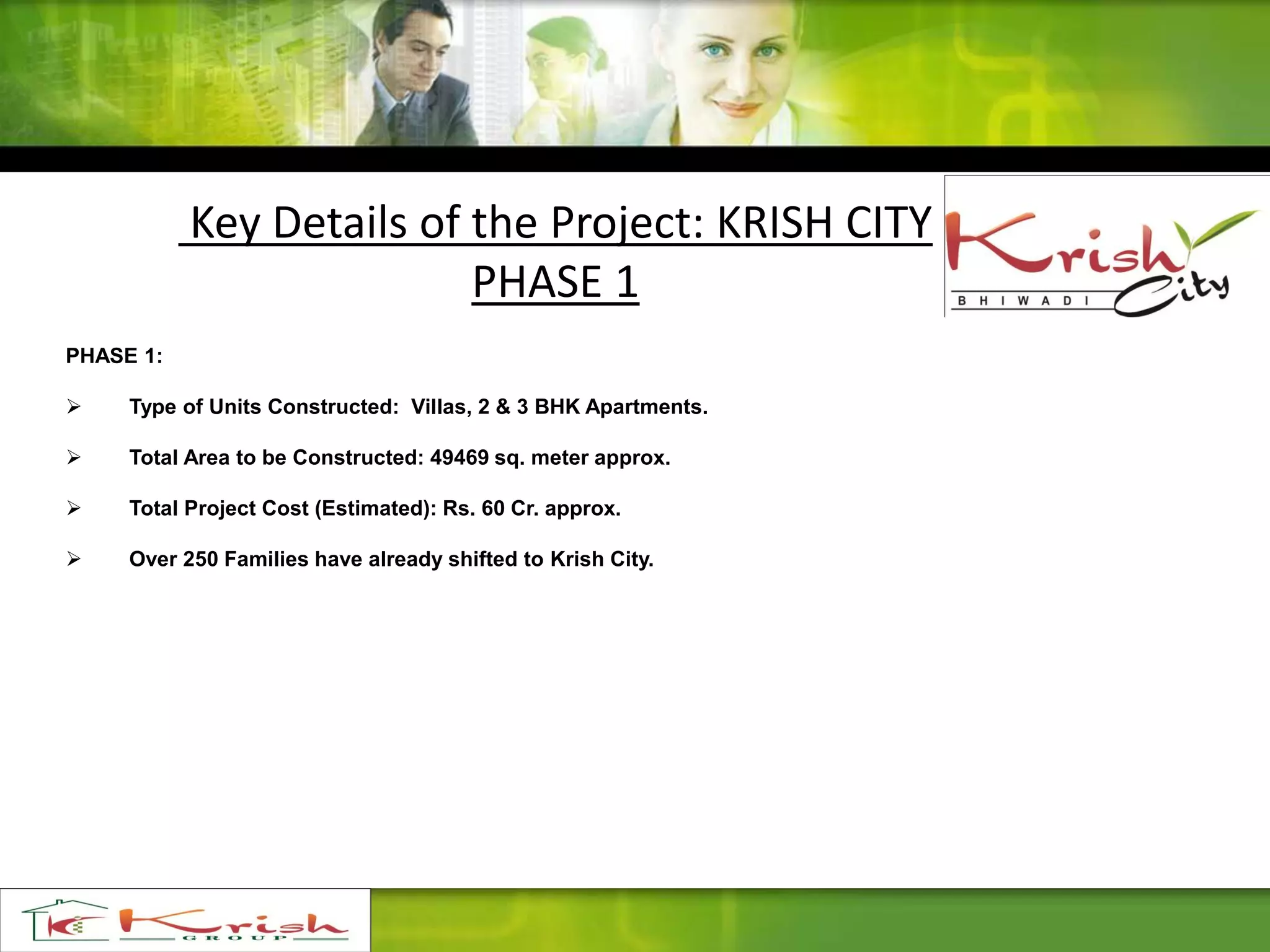 Key Details of the Project: KRISH CITY
PHASE 1
PHASE 1:
 Type of Units Constructed: Villas, 2 & 3 BHK Apartments.
 Total Area to be Constructed: 49469 sq. meter approx.
 Total Project Cost (Estimated): Rs. 60 Cr. approx.
 Over 250 Families have already shifted to Krish City.
 