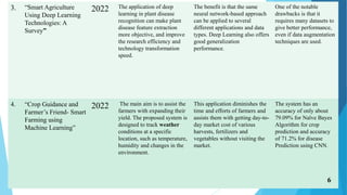 3. “Smart Agriculture
Using Deep Learning
Technologies: A
Survey”
2022 The application of deep
learning in plant disease
recognition can make plant
disease feature extraction
more objective, and improve
the research efficiency and
technology transformation
speed.
The benefit is that the same
neural network-based approach
can be applied to several
different applications and data
types. Deep Learning also offers
good generalization
performance.
One of the notable
drawbacks is that it
requires many datasets to
give better performance,
even if data augmentation
techniques are used.
4. “Crop Guidance and
Farmer’s Friend- Smart
Farming using
Machine Learning”
2022 The main aim is to assist the
farmers with expanding their
yield. The proposed system is
designed to track weather
conditions at a specific
location, such as temperature,
humidity and changes in the
environment.
This application diminishes the
time and efforts of farmers and
assists them with getting day-to-
day market cost of various
harvests, fertilizers and
vegetables without visiting the
market.
The system has an
accuracy of only about
79.09% for Naïve Bayes
Algorithm for crop
prediction and accuracy
of 71.2% for disease
Prediction using CNN.
6
 