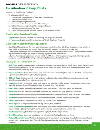 Classi cation of Crop Plants
Importance of classifying the Crop Plants:
1. To get acquainted with crops.
2. To understand the requirement of soil  water diﬀerent crops.
3. To know adaptability of crops.
4. To know the growing habit of crops.
5. To understand climatic requirement of diﬀerent crops.
6. To know the economic produce of the crop plant  its use.
7. To know the growing season of the crop
8. Overall to know the actual condition required to the cultivation of plant.
Classi cation Based on Climate:
1. Crops grow well in warm  hot climate. e.g. Rice, sugarcane, Jowar etcTropical:
2. Crops grow well in cool climate. e.g. Wheat, Oats, Gram, Potato etc.Temperate:
Classi cation Based on Growing Season:
1. Kharif/Rainy/Monsoon crops: The crops grown in monsoon months from June to Oct-Nov, Require warm, wet weather at
major period of crop growth, also required short day length for owering. e.g. Cotton, Rice, Jowar, Bajra.
2. Rabi/winter/cold seasons crops: require winter season to grow well from Oct to March month. Crops grow well in cold and
dry weather. Require longer day length for owering. e.g. Wheat, gram, sun ower etc.
3. Summer/Zaid crops: crops grown in summer month from March to June. Require warm day weather for major growth
period and longer length for owering. e.g. Groundnuts, Watermelon, Pumpkins, Gourds.
Use/Agronomic Classi cation:
1. May be cereals as millets cereals are the cultivated grasses grown for their edible starchy grains. The larger grainGrain Crops:
used as staple food is cereals. e.g. rice, Jowar, wheat, maize, barley, and millets are the small grained cereals which are of
minor importance as food. e.g. Bajra.
2. Seeds of leguminous crops plant used as food. On splitting they produced dal which is rich in protein.Pulse/Legume Crops:
e.g. Green Gram, Black Gram, Soybean, Pea, Cowpea etc.
3. Crop seeds are rich in fatty acids, are used to extract vegetable oil to meet various requirements. e.g.Oil Seeds Crops:
Groundnut, Mustard, Sun ower, Sesamum, Linseed etc.
4. It refers to vegetative matter fresh as preserved utilized as food for animals. Crop cultivated  used for hay,Forage Crop:
silage. Ex- Sorghum, Elephant Grass, Guinea Grass, Berseem  Other Pulse Bajra etc.
5. Crown for ber yield. Fiber may be obtained from seed. e.g. Cotton, Jute, Mesta, Sun Hemp, Flax.Fiber Crops:
6. Roots are the economic produce in root crop. e.g. Sweet Potato, Sugar Beet, Carrot, Turnip etc.Roots Crops:
7. Crop whose edible portion is not a root but a short thickened underground stem. e.g. Potato, Elephant, Yam.Tuber Crop:
8. The two important crops are sugarcane and sugar beet cultivated for production for sugar.Sugar Crops:
9. Grown for the production of starch. e.g. Tapioca, Potato, Sweet Potato.Starch Crops:
10. Used for preparation for medicines. e.g. Tobacco, Mint, Pyrethrum.Drug Crop:
11. Crop plants as their products are used to avor taste and sometime color the freshSpices  Condiments/Spices Crops:
preserved food. e.g. Ginger, Garlic, Chili, Cumin Onion, Coriander, Cardamom, Pepper, Turmeric etc.
12. May be leafy as fruity vegetables. e.g. Palak, Mentha, Brinjal, Tomato.Vegetables Crops:
13. Grown and incorporated into soil to increase fertility of soil. e.g. Sun Hemp.Green Manure Crop:
14. Medicinal plants includes cinchona, isabgol, opium poppy, senna, belladonna, rauwolfa, andMedicinal  Aromatic Crops:
aromatic plants such as lemon Grass, Citronella Grass, Palmorsa, Japanese Mint, Peppermint, Rose Geranicem, Jasmine,
Henna etc.
14
INDOGULF CROPSCIENCES LTD.
 