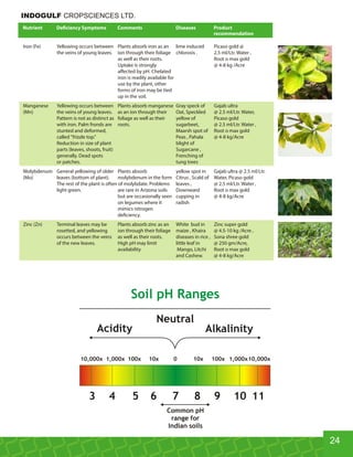 24
Iron (Fe) Yellowing occurs between Plants absorb iron as an lime induced Picaso gold @
the veins of young leaves. ion through their foliage chlorosis . 2.5 ml/Ltr. Water ,
as well as their roots. Root o max gold
Uptake is strongly @ 4-8 kg /Acre
aﬀected by pH. Chelated
iron is readily available for
use by the plant, other
forms of iron may be tied
up in the soil.
Manganese Yellowing occurs between Plants absorb manganese Gray speck of Gajab ultra
(Mn) the veins of young leaves. as an ion through their Oat, Speckled @ 2.5 ml/Ltr. Water,
Pattern is not as distinct as foliage as well as their yellow of Picaso gold
with iron. Palm fronds are roots. sugarbeet, @ 2.5 ml/Ltr. Water ,
stunted and deformed, Maarsh spot of Root o max gold
called frizzle top. Peas , Pahala @ 4-8 kg/Acre
Reduction in size of plant blight of
parts (leaves, shoots, fruit) Sugarcane ,
generally. Dead spots Frenching of
or patches. tung trees
Molybdenum General yellowing of older Plants absorb yellow spot in Gajab ultra @ 2.5 ml/Ltr.
(Mo) leaves (bottom of plant). molybdenum in the form Citrus , Scald of Water, Picaso gold
The rest of the plant is often of molybdate. Problems leaves , @ 2.5 ml/Ltr. Water ,
light green. are rare in Arizona soils Downward Root o max gold
but are occasionally seen cupping in @ 4-8 kg/Acre
on legumes where it radish
mimics nitrogen
de ciency.
Zinc (Zn) Terminal leaves may be Plants absorb zinc as an White bud in Zinc super gold
rosetted, and yellowing ion through their foliage maize , Khaira @ 4.5-10 kg /Acre ,
occurs between the veins as well as their roots. diseases in rice , Sona shree gold
of the new leaves. High pH may limit little leaf in @ 250 gm/Acre,
availability Mango, Litchi Root o max gold
and Cashew. @ 4-8 kg/Acre
Nutrient De ciency Symptoms Comments Diseases Product
recommendation
Soil pH Ranges
Neutral
Acidity Alkalinity
10,000x 1,000x 100x 10x 0 10x 100x 1,000x10,000x
3 4 5 6 7 8 9 10 11
Common pH
range for
Indian soils
INDOGULF CROPSCIENCES LTD.
 