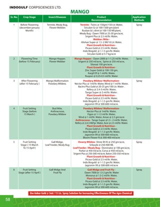 Sr. No. Crop Stage Insect/Diseases Product Application
Recommendation Methods
1 Before Flowering Termite, Mealy Bug, Twins @ 150gm/150 Ltr. Water, SprayTermite -
(december-january Flower Webber. Sriculan Gr @ 100-1500 gm/plant
Month) Rusban  L-drint @ 100-150 Ml/plant,
Mealy Bug - Dawn 7000 @ 25-30 gm/acre,
Srigent Plus @ 2.5 ml/ltr. Water,
Webber /Mite -
Alishan Super @ 1.5 -2 Ml/10 Ltr. Water,
Plant Growth  Nutrition -
Picaso Gold @ 2.5 ml/ltr. Water,
Indo Biogold @ 1-1.5 gm/ltr. Water,
Sriculan Gold @ 5-7 kg/acre
2 Flowering Time Mango Hopper, Dawn 2000 @ 1-1.25 ml/ltr. Water, SprayMango Hopper -
(before 15 February) Flower Webber Srigent @ 250 ml/acre, Spine @ 250 ml/acre,
Sitara@ 100 gm/acre.
Plant Growth  Nutrition -
Zinc Super Gold @ 100-150 gm,
Kargil Df @ 1 ml/ltr. Water,
Ruspon @ 0.25-0.5 ml/ltr. Water
3 After Flowering Mango Malformation SprayPowdary Mildew/ Malformation-
(after 15 February ) Powdary Mildew, Nector Plus @ 1ml/ltr. Water, Wind @ 1 ml/ltr. Water,
Bactro Plus Gold @ 20-25 gm/100 Ltr. Water .
Refery @ 2.4-3 ml/ltr. Water,
Tango Super @ 2 ml/ltr. Water .
Plant Growth  Nutrition -
Picaso Gold @ 2.5 ml/ltr. Water,
Indo Biogold @ 1-1.5 gm/ltr. Water,
Jagromin 99 @ 500-600 ml/acre,
4 Fruit Setting Bud Mite, SprayPowdary Mildew/ Malformation-
Stage (before Anthracnose, Nector Plus @ 1ml/ltr. Water,
15 March ) Powdary Mildew Figon @ 1-1.5 ml/ltr. Water,
Wind @ 1 ml/ltr. Water, Aman @ 2.5 gm/acre
Tango Super @1.5 - 2 ml/ltr. Water,Anthracnose -
Refery @ 2.4-3 Ml/lyr. Water, Acer @ 2.5 ml/ltr. Water.
Plant Growth  Nutrition -
Picaso Gold @ 2.5 ml/ltr. Water,
Indo Biogold @ 1-1.5 gm/ltr. Water,
Jagromin 99 @ 500-600 ml/acre,
Bloom Flower N @ 300-400 ml/acre
5 Fruit Setting Gall Midge, Shree M 45 @ 250 gm/acre, SprayDowny Mildew-
Stage ( 15 March Leaf Feeder, Mealy Bug Srilaxyle @ 250-400 Ml,
To 15 April ) Dominator @ 100 gm/acre,Leaf Feeder / Mealy Bug -
Parker @ 450 ml/acre, Corsa @ 450 ml/acre,
Srigent Plus @ 250-300 ml/acre, Baton 250-350 ml/acre.
Plant Growth  Nutrition -
Picaso Gold @ 2.5 ml/ltr. Water,
Indo Biogold @ 1-1.5 gm/ltr. Water,
Jagromin 99 @ 500-600 ml/acre
6 Fruit Setting Gall Midge And SprayGall Midge and Fruit Fly -
Stage (after 15 April ) Fruit Fly Dawn 7000 @ 1.5-2 gm/ltr. Water
Monorus @ 1.5-2 ml/ltr. Water,
Plant Growth  Nutrition -
Picaso Gold @ 2.5 ml/ltr. Water,
Indo Biogold @ 1-1.5 gm/ltr. Water,
Jagromin 99 @ 500-600 ml/acre,
MANGO
58
Use Ankur Gold @ 5ml / 15 Ltr. Spray Solution for Increasing Eﬀectiveness OfThe Agro Chemical
INDOGULF CORPSCIENCES LTD.
 