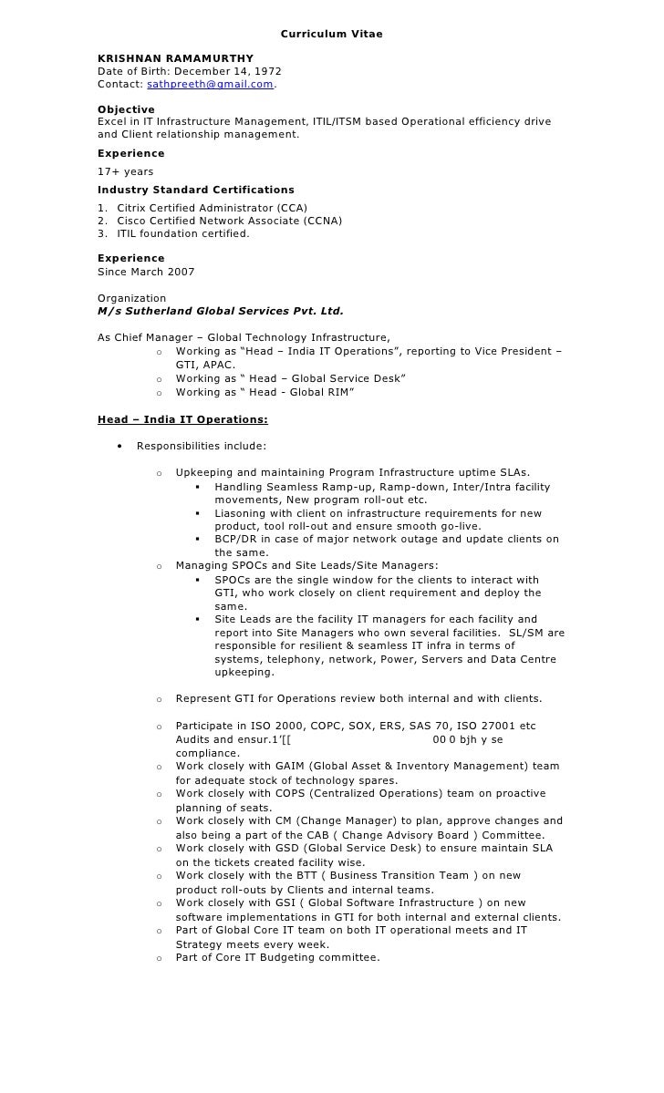 resume Head Of Operations Resume it head resume curriculum vitae krishnan ramamurthy date of birth december 14 1972 contact sathpreeth