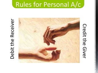 Rules for Personal A/c
Debit the Receiver




                                              Credit the Giver
 