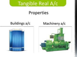 Tangible Real A/c
           Properties

Buildings a/c     Machinery a/c
 