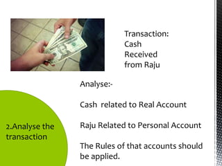 Transaction:
                            Cash
                            Received
                            from Raju

                Analyse:-

                Cash related to Real Account

2.Analyse the   Raju Related to Personal Account
transaction
                The Rules of that accounts should
                be applied.
 