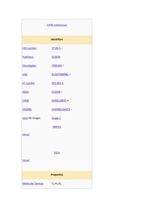 IUPAC name[show]




                       Identifiers


CAS number             77-06-5


PubChem                522636


ChemSpider             7995349


UNII                   BU0A7MWB6L


EC number              201-001-0


KEGG                   C01699


ChEBI                  CHEBI:28833


ChEMBL                 CHEMBL566653


Jmol-3D images         Image 1


                        SMILES

[show]




                         InChI

[show]




                       Properties


Molecular formula      C19H22O6
 