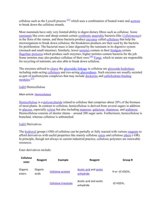 cellulose such as the Lyocell process [25] which uses a combination of heated water and acetone
to break down the cellulose strands.

Most mammals have only very limited ability to digest dietary fibres such as cellulose. Some
ruminants like cows and sheep contain certain symbiotic anaerobic bacteria (like Cellulomonas)
in the flora of the rumen, and these bacteria produce enzymes called cellulases that help the
microorganism to break down cellulose; the breakdown products are then used by the bacteria
for proliferation. The bacterial mass is later digested by the ruminant in its digestive system
(stomach and small intestine). Similarly, lower termites contain in their hindguts certain
flagellate protozoa which produce such enzymes; higher termites contain bacteria for the job.
Some termites may also produce cellulase of their own.[26] Fungi, which in nature are responsible
for recycling of nutrients, are also able to break down cellulose.

The enzymes utilized to cleave the glycosidic linkage in cellulose are glycoside hydrolases
including endo-acting cellulases and exo-acting glucosidases. Such enzymes are usually secreted
as part of multienzyme complexes that may include dockerins and carbohydrate-binding
modules.[27]

[edit] Hemicellulose

Main article: Hemicellulose

Hemicellulose is a polysaccharide related to cellulose that comprises about 20% of the biomass
of most plants. In contrast to cellulose, hemicellulose is derived from several sugars in addition
to glucose, especially xylose but also including mannose, galactose, rhamnose, and arabinose.
Hemicellulose consists of shorter chains – around 200 sugar units. Furthermore, hemicellulose is
branched, whereas cellulose is unbranched.

[edit] Derivatives

The hydroxyl groups (-OH) of cellulose can be partially or fully reacted with various reagents to
afford derivatives with useful properties like mainly cellulose esters and cellulose ethers (-OR).
In principle, though not always in current industrial practice, cellulosic polymers are renewable
resources.

Ester derivatives include:

 Cellulose
              Reagent           Example                   Reagent                 Group R
   ester

Organic      Organic                            Acetic acid and acetic
                         Cellulose acetate                                H or -(C=O)CH3
esters       acids                              anhydride

                                                Acetic acid and acetic
                         Cellulose triacetate                             -(C=O)CH3
                                                anhydride
 