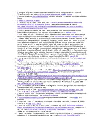 3.    ^ Updegraff DM (1969). "Semimicro determination of cellulose in biological materials". Analytical
      Biochemistry 32 (3): 420–424. doi:10.1016/S0003-2697(69)80009-6. PMID 5361396.
4.    ^ Cellulose. (2008). In Encyclopædia Britannica. Retrieved January 11, 2008, from Encyclopædia Britannica
      Online.
5.    ^ Chemical Composition of Wood
6.    ^ G. Buschle-Diller, C. Fanter, F. Loth (April 1999). "Structural changes in hemp fibers as a result of
      enzymatic hydrolysis with mixed enzyme systems". Textile Research Journal 69 (4): 244-251.
      http://www.globalhemp.com/1999/04/structural-changes-in-hemp-fibers-as-a-result-of-enzymatic-
      hydrolysis-with-mixed-enzyme-systems.html.
7.    ^ Slavin, JL; Brauer, PM; Marlett, JA (1981). "Neutral detergent fiber, hemicellulose and cellulose
      digestibility in human subjects.". The Journal of Nutrition 111 (2): 287–97. PMID 6257867.
8.    ^ Joshi, S; Agte, V (1995). "Digestibility of dietary fiber components in vegetarian men.". Plant foods for
      human nutrition (Dordrecht, Netherlands) 48 (1): 39–44. doi:10.1007/BF01089198. PMID 8719737.
9.    ^ A. Payen (1838) "Mémoire sur la composition du tissu propre des plantes et du ligneux" (Memoir on the
      composition of the tissue of plants and of woody [material]), Comptes rendus, vol. 7, pages 1052-1056.
      Payen added appendices to this paper on December 24, 1838 (see: Comptes rendus, vol. 8, page 169
      (1839)) and on February 4, 1839 (see: Comptes rendus, vol. 9, page 149 (1839)). A committee of the
      French Academy of Sciences reviewed Payen's findings in : Jean-Baptiste Dumas (1839) "Rapport sur un
      mémoire de M. Payen, relatif à la composition de la matière ligneuse" (Report on a memoir of Mr. Payen,
      regarding the composition of woody matter), Comptes rendus, vol. 8, pages 51-53. In this report, the word
      "cellulose" is coined and author points out the similarity between the empirical formula of cellulose and
      that of "dextrine" (starch). The above articles are reprinted in: Brongniart and Guillemin, eds., Annales des
      sciences naturelles ..., 2nd series, vol. 11 (Paris, France: Crochard et Cie., 1839), pages 21-31.
10.   ^ Young, Raymond (1986). Cellulose structure modification and hydrolysis. New York: Wiley. ISBN 0-471-
      82761-4.
        ab
11.   ^ Klemm, Dieter; Brigitte Heublein, Hans-Peter Fink, Andreas Bohn (2005). "Cellulose: Fascinating
      Biopolymer and Sustainable Raw Material". ChemInform 36 (36). doi:10.1002/chin.200536238.
12.   ^ Weiner, Myra L.; Lois A. Kotkoskie (2000). Excipient Toxicity and Safety. New York ; Dekker. p. 210.
      ISBN 0-8247-8210-0.
13.   ^ Peng, B. L., Dhar, N., Liu, H. L. and Tam, K. C. (2011). "Chemistry and applications of nanocrystalline
      cellulose and its derivatives: A nanotechnology perspective.". The Canadian Journal of Chemical
      Engineering 89 (5): 1191–1206.
      http://www.arboranano.ca/pdfs/Chemistry%20and%20applications%20of%20nanocrystalline%20cellulos
      e%20and%20its%20derivatives%20A%20nanotechnology%20perspective-2011.pdf.
14.   ^ Lawrence Pranger and Rina Tannenbaum "Biobased nanocomposites prepared by in situ polymerization
      of furfuryl alcohol with cellulose whiskers or montmorillonite clay" Macromolecules 41 (2008) 8682.
      http://dx.doi.org/10.1021/ma8020213
15.   ^ Holt-Gimenez, Eric 2007. Biofuels: Myths of the Agrofuels Transition. Backgrounder. Institute for Food
      and Development Policy, Oakland, CA. 13:2
16.   ^ Charles A. Bishop, ed. (2007). Vacuum deposition onto webs, films, and foils, Volume 0, Issue 8155.
      p. 165. ISBN 0-8155-1535-9. http://books.google.com/books?id=vP9E3z7o6iIC&pg=PA165.
17.   ^ Deguchi, Shigeru; Tsujii, Kaoru; Horikoshi, Koki (2006). "Cooking cellulose in hot and compressed water".
      Chemical Communications (31): 3293. doi:10.1039/b605812d.
18.   ^ Structure and morphology of cellulose by Serge Pérez and William Mackie, CERMAV-CNRS, 2001.
      Chapter IV.
19.   ^ Stenius, Per (2000). "1". Forest Products Chemistry. Papermaking Science and Technology. 3. Finland:
      Fapet OY. p. 35. ISBN 952-5216-03-9.
20.   ^ Kimura, S; Laosinchai, W; Itoh, T; Cui, X; Linder, CR; Brown Jr, RM (1999). "Immunogold labeling of
      rosette terminal cellulose-synthesizing complexes in the vascular plant vigna angularis". The Plant cell 11
      (11): 2075–86. doi:10.2307/3871010. JSTOR 3871010. PMC 144118. PMID 10559435.
      //www.ncbi.nlm.nih.gov/pmc/articles/PMC144118/.
21.   ^ Taylor, N. G. (2003). "Interactions among three distinct CesA proteins essential for cellulose synthesis".
      Proceedings of the National Academy of Sciences 100 (3): 1450. doi:10.1073/pnas.0337628100.
 