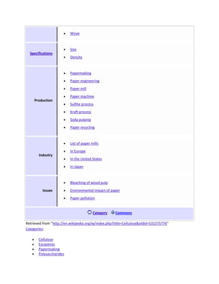 Wove



                          Size
  Specifications
                          Density



                          Papermaking
                          Paper engineering
                          Paper mill
                          Paper machine
     Production
                          Sulfite process
                          Kraft process
                          Soda pulping
                          Paper recycling



                          List of paper mills
                          In Europe
       Industry
                          In the United States
                          In Japan



                          Bleaching of wood pulp
         Issues           Environmental impact of paper
                          Paper pollution


                                          Category   Commons

Retrieved from "http://en.wikipedia.org/w/index.php?title=Cellulose&oldid=531575776"
Categories:

       Cellulose
       Excipients
       Papermaking
       Polysaccharides
 