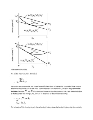 Partial Molar Volume

The partial molar volume is defined as




           i


If you mix two compounds A and B together and find a volume of mixing that is non-ideal, how can you
determine the contribution that A and B each make to the volume? That is, what are the partial molar
volumes of A and B, A and B?? Graphically, the partial molar volumes are the A and B axis intercepts
of the tangent to the mixing curve, and can be described by the simple relationship:

        Vmix = XA A + XB    B
        or
        Vmix = Xi i

The behavior of this function is such that when XA is 1, Vmix = VA and when XA is 0, Vmix = VB. Alternatively,
 