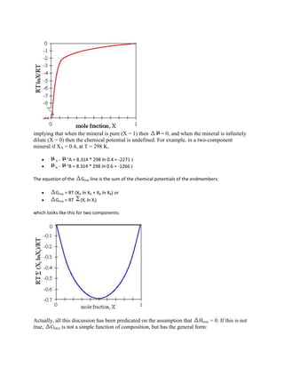 implying that when the mineral is pure (X = 1) then       = 0, and when the mineral is infinitely
dilute (X = 0) then the chemical potential is undefined. For example, in a two-component
mineral if XA = 0.4, at T = 298 K,

          A-    °A = 8.314 * 298 ln 0.4 = -2271 J
          B-    °B = 8.314 * 298 ln 0.6 = -1266 J

The equation of the    Gmix line is the sum of the chemical potentials of the endmembers:

          Gmix = RT (XA ln XA + XB ln XB) or
          Gmix = RT (Xi ln Xi)

which looks like this for two components:




Actually, all this discussion has been predicated on the assumption that Hmix = 0. If this is not
true, Gmix is not a simple function of composition, but has the general form:
 