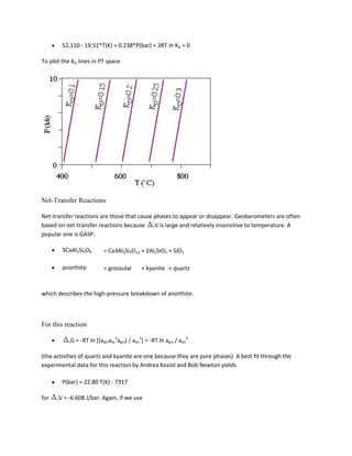 52,110 - 19.51*T(K) + 0.238*P(bar) + 3RT ln KD = 0

To plot the KD lines in PT space




Net-Transfer Reactions

Net-transfer reactions are those that cause phases to appear or disappear. Geobarometers are often
based on net-transfer reactions because rV is large and relatively insensitive to temperature. A
popular one is GASP:

        3CaAl2Si2O8            = Ca3Al2Si3O12 + 2Al2SiO5 + SiO2

        anorthite              = grossular       + kyanite + quartz


which describes the high-pressure breakdown of anorthite.



For this reaction

             rG   = -RT ln [(aqtzaky2agrs) / aan3] = -RT ln agrs / aan3

(the activities of quartz and kyanite are one because they are pure phases). A best fit through the
experimental data for this reaction by Andrea Koziol and Bob Newton yields

        P(bar) = 22.80 T(K) - 7317

for   rV   = -6.608 J/bar. Again, if we use
 