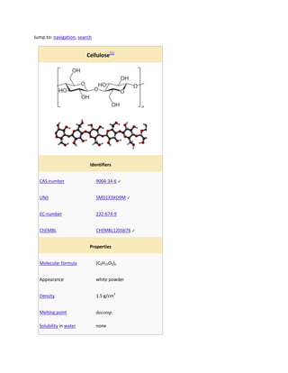 Jump to: navigation, search


                        Cellulose[1]




                          Identifiers


  CAS number                  9004-34-6


  UNII                        SMD1X3XO9M


  EC-number                   232-674-9


  ChEMBL                      CHEMBL1201676


                          Properties


  Molecular formula           (C6H10O5)n


  Appearance                  white powder


  Density                     1.5 g/cm3


  Melting point               decomp.

  Solubility in water         none
 