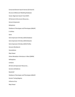Conserved Domain Search Service (CD Search)

Structure (Molecular Modeling Database)

Vector Alignment Search Tool (VAST)

All Domains & Structures Resources...

Genes & Expression

BioSystems

Database of Genotypes and Phenotypes (dbGaP)

E-Utilities

Gene

Gene Expression Omnibus (GEO) Database

Gene Expression Omnibus (GEO) Datasets

Gene Expression Omnibus (GEO) Profiles

Genome Workbench

HomoloGene

Map Viewer

Online Mendelian Inheritance in Man (OMIM)

RefSeqGene

UniGene

All Genes & Expression Resources...

Genetics & Medicine

Bookshelf

Database of Genotypes and Phenotypes (dbGaP)

Genetic Testing Registry

Influenza Virus

Map Viewer
 