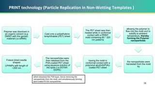 PRINT technology (Particle Replication in Non-Wetting Templates )
Polymer was dissolved in
an organic solvent (e.g
DMSO with the genetic
material (i.e siRNA)
Cast onto a polyethylene
terephthalate (PET) sheet
The PET sheet was then
heated while in conformal
contact with a PRINT
mold containing 80 * 320
nm patterns
allowing the polymer to
flow into the mold and to
solidify to ambient
temperature, thereby
forming the Polymer
nanoparticles
the nanoparticles were
harvested from the mold
by
having the mold in
conformal contact with a
poly(vinyl alcohol)(PVA)-
coated PET sheet
The nanoparticles were
then released from the
PVA-coated PET sheet
using aqueous solution of
the lipids (i.e DOTAP,
DOPE)
Freeze dried-needle
shaped
LPHNPs with length of
~200 nm
18
which dissolved the PVA layer, hence removing the
nanoparticles from the mold, and simultaneously forming
lipid-coated PLGA nanoparticles
 