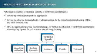SURFACE FUNCTIONALISATION OF LPHNPs
PEG layer is essential to maintain stability of the hybrid nanoparticles :
 In vitro by reducing nanoparticle aggregation
 In vivo by allowing the particles to evade recognition by the reticuloendothelial system (RES)
and other immune cells
 PEG molecules also provide functional groups for further modification of the hybrid nanoparticles
with targeting ligands for cell or tissue specific drug delivery
Targeting
ligands
Monoclonal
antibodies
Antibody
fragments
Aptamers Peptides Folic acid
18
 