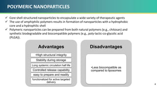 POLYMERIC NANOPARTICLES
 Core shell structured nanoparticles to encapsulate a wide variety of therapeutic agents
 The use of amphiphilic polymers results in formation of nanoparticles with a hydrophobic
core and a hydrophilic shell
 Polymeric nanoparticles can be prepared from both natural polymers (e.g., chitosan) and
synthetic biodegradable and biocompatible polymers (e.g., poly-lactic-co-glycolic acid
(PLGA)).
4
Advantages
•High structural integrity
Stability during storage
Long systemic circulation half life
Controlled release capability
easy to prepare and readily
functionalized for active targeted
delivery
Disadvantages
•Less biocompatible as
compared to liposomes
 