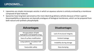 LIPOSOMES….
 Liposomes are simple microscopic vesicles in which an aqueous volume is entirely enclosed by a membrane
composed of lipid molecule
 liposomes have long been perceived as the more ideal drug delivery vehicles because of their superior
biocompatibility as liposomes are basically analogues of biological membranes, which can be prepared from
both natural and synthetic phospholipids
Advantages
•Encapsulation of both
hydrophilic and lipophilic drug
Ease of surface modification
Long systemic circulation half
life
Favourable safety
Disadvantages
Lack of structural integrity
Content leakage
Instability during storage
Dose dumping
 
