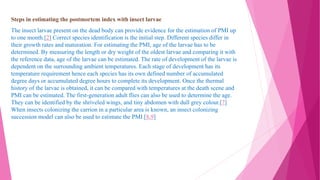 Steps in estimating the postmortem index with insect larvae
The insect larvae present on the dead body can provide evidence for the estimation of PMI up
to one month.[2] Correct species identification is the initial step. Different species differ in
their growth rates and maturation. For estimating the PMI, age of the larvae has to be
determined. By measuring the length or dry weight of the oldest larvae and comparing it with
the reference data, age of the larvae can be estimated. The rate of development of the larvae is
dependent on the surrounding ambient temperatures. Each stage of development has its
temperature requirement hence each species has its own defined number of accumulated
degree days or accumulated degree hours to complete its development. Once the thermal
history of the larvae is obtained, it can be compared with temperatures at the death scene and
PMI can be estimated. The first-generation adult flies can also be used to determine the age.
They can be identified by the shriveled wings, and tiny abdomen with dull grey colour.[7]
When insects colonizing the carrion in a particular area is known, an insect colonizing
succession model can also be used to estimate the PMI.[8,9]
 