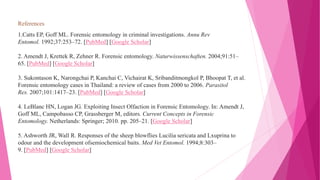 References
1.Catts EP, Goff ML. Forensic entomology in criminal investigations. Annu Rev
Entomol. 1992;37:253–72. [PubMed] [Google Scholar]
2. Amendt J, Krettek R, Zehner R. Forensic entomology. Naturwissenschaften. 2004;91:51–
65. [PubMed] [Google Scholar]
3. Sukontason K, Narongchai P, Kanchai C, Vichairat K, Sribanditmongkol P, Bhoopat T, et al.
Forensic entomology cases in Thailand: a review of cases from 2000 to 2006. Parasitol
Res. 2007;101:1417–23. [PubMed] [Google Scholar]
4. LeBlanc HN, Logan JG. Exploiting Insect Olfaction in Forensic Entomology. In: Amendt J,
Goff ML, Campobasso CP, Grassberger M, editors. Current Concepts in Forensic
Entomology. Netherlands: Springer; 2010. pp. 205–21. [Google Scholar]
5. Ashworth JR, Wall R. Responses of the sheep blowflies Lucilia sericata and Lxuprina to
odour and the development ofsemiochemical baits. Med Vet Entomol. 1994;8:303–
9. [PubMed] [Google Scholar]
 
