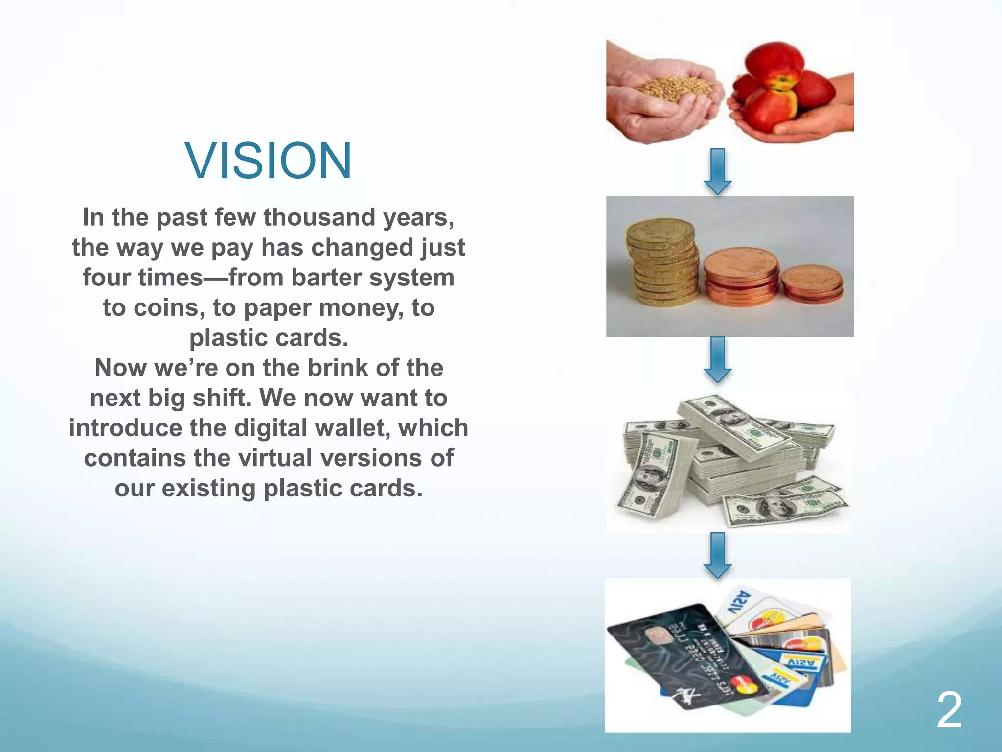 VISION
In the past few thousand years,
the way we pay has changed just
four times—from barter system
to coins, to paper money, to
plastic cards.
Now we’re on the brink of the
next big shift. We now want to
introduce the digital wallet, which
contains the virtual versions of
our existing plastic cards.
2
 