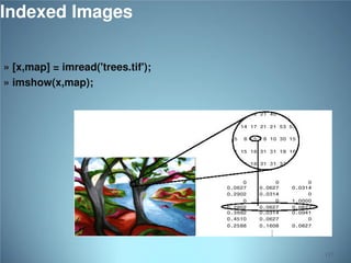 Indexed Images
» [x,map] = imread('trees.tif');
» imshow(x,map);

117

 