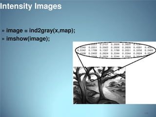 Intensity Images
» image = ind2gray(x,map);
» imshow(image);

118

 