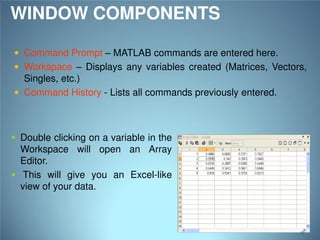 WINDOW COMPONENTS
 Command Prompt – MATLAB commands are entered here.

 Workspace – Displays any variables created (Matrices, Vectors,

Singles, etc.)
 Command History - Lists all commands previously entered.

 Double clicking on a variable in the

Workspace will open an Array
Editor.
 This will give you an Excel-like
view of your data.

15

 