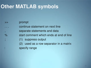 Other MATLAB symbols
>>
...
,
%
;
:

prompt
continue statement on next line
separate statements and data
start comment which ends at end of line
(1) suppress output
(2) used as a row separator in a matrix
specify range

25

 