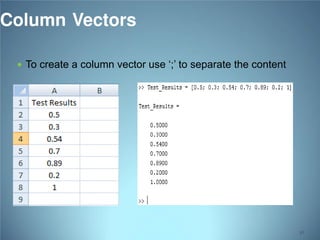 Column Vectors
 To create a column vector use ‘;’ to separate the content

36

 