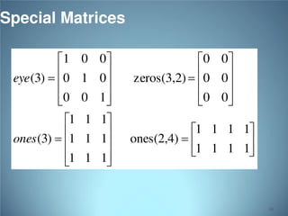 Special Matrices
1 0 0
0 1 0 
eye (3)  

0 0 1 


1 1 1
1 1 1
ones (3)  

1 1 1



0 0 
0 0 
zeros(3,2)  

0 0 



1 1 1 1
ones(2,4)  

1 1 1 1

46

 