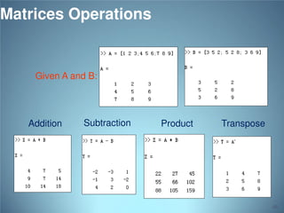 Matrices Operations

Given A and B:

Addition

Subtraction

Product

Transpose

48

 