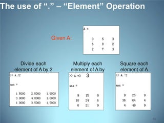 The use of “.” – “Element” Operation

Given A:

Divide each
element of A by 2

Multiply each
element of A by
3

Square each
element of A

53

 