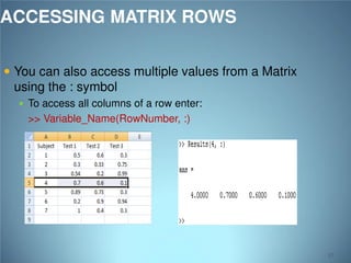 ACCESSING MATRIX ROWS
 You can also access multiple values from a Matrix

using the : symbol

 To access all columns of a row enter:

>> Variable_Name(RowNumber, :)

57

 