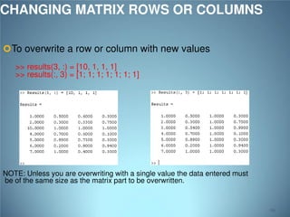 CHANGING MATRIX ROWS OR COLUMNS
 To overwrite a row or column with new values
>> results(3, :) = [10, 1, 1, 1]
>> results(:, 3) = [1; 1; 1; 1; 1; 1; 1]

NOTE: Unless you are overwriting with a single value the data entered must
be of the same size as the matrix part to be overwritten.

60

 