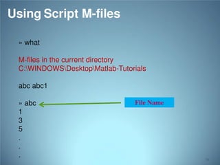 Using Script M-files
» what
M-files in the current directory
C:WINDOWSDesktopMatlab-Tutorials
abc abc1
» abc
1
3
5
.
.
.

File Name

79

 