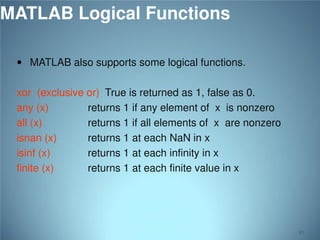 MATLAB Logical Functions
 MATLAB also supports some logical functions.

xor (exclusive or) True is returned as 1, false as 0.
any (x)
returns 1 if any element of x is nonzero
all (x)
returns 1 if all elements of x are nonzero
isnan (x)
returns 1 at each NaN in x
isinf (x)
returns 1 at each infinity in x
finite (x)
returns 1 at each finite value in x

85

 