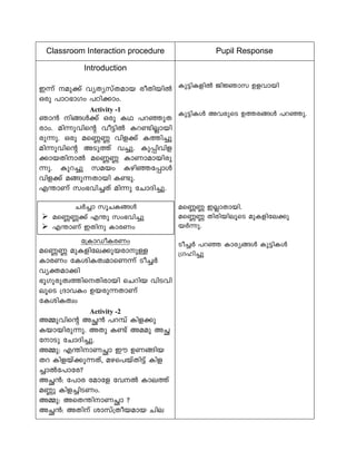 Classroom Interaction procedure 
Pupil Response 
Introduction 
C¶v ap¡v hyXy-kvX-amb coXn-bnÂ Hcp ]mT`mKw ]Tn-¡mw. 
Activity -1 
Rm³ n§Ä¡v Hcp IY ]d-ªp-X- cmw. an¶phnsâ ho«nÂ Id-n- Ãm-bn- cp-¶p. Hcp as®® hnf¡v I¯n¨p an¶p-hnsâ ASp¯v h¨p. Ip¸nhnf- ¡m-b-Xn-mÂ as®® ImWm-am-bn-cp- ¶p. Ipd¨p kabw Ign-ª-t¸mÄ hnf¡v a§p-¶-Xmbn Ip. 
F´mWv kw`-hn-¨Xv an¶p tNmZn-¨p. 
t{ImUo-I-cWw 
as®-® apI-fn-te-¡p-b-cm-pÅ ImcWw tIin-I-Xz-am-sW¶v So¨À hyà-am¡n 
`qKp-cp-Xz-¯n-s-Xn-cm-bn sNdnb hnShn- eqsS {ZmhIw Db-cp-¶-XmWv tIinIXzw 
Activity -2 
A½p-hnsâ AÑ³ ]d¼v Inf-¡p- Ibm-bn-cp-¶p. AXp Iv Aaap AÑ- tmSp tNmZn-¨p. 
A½p: F´n-m-WÑm Cu DW-§nb Xd Inf-bv¡p-¶-Xv, ag-s]-bvXn«v Inf- ¨mÂt]mtc? 
AÑ³: t]mc tamtf thÂ Ime¯v a®p Inf-¨n-S-Ww. 
A½p: AsX-´n-m-WÑm ? 
AÑ³: AXnv imkv{Xo-b-amb Nne 
Ip«n-I-fnÂ PnÚmk Df-hmbn 
Ip«n-IÄ Ah-cpsS D¯-c-§Ä ]d-ªp. 
as®-® CÃm-Xm-bn. 
as®-® Xncn-bn-eqsS apI-fn-te-¡p- bÀ¶p. 
So¨À ]dª Imcy-§Ä Ip«n-IÄ {Kln¨p 
NÀ¨m kqN-I-§Ä 
 as®-®¡v F´p kw`-hn¨p 
 F´mWv CXnp ImcWw  
