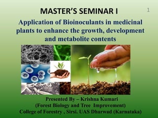 MASTER’S SEMINAR I
Application of Bioinoculants in medicinal
plants to enhance the growth, development
and metabolite contents
Presented By – Krishna Kumari
(Forest Biology and Tree Improvement)
College of Forestry , Sirsi. UAS Dharwad (Karnataka)
1
 