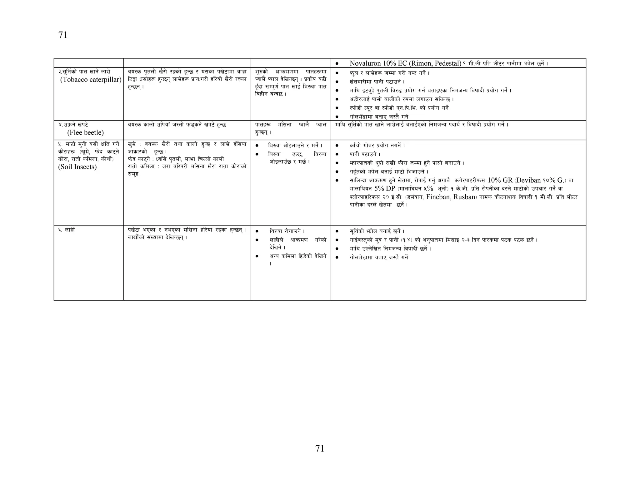 71
71
• Novaluron 10% EC (Rimon, Pedestal) ! dL=nL k|lt nL6/ kfgLdf emf]n 5g]{ .
#=;"lt{sf] kft vfg] nfe|]
(Tobacco caterpillar)
jo:s k'tnL v}/f] /Ësf] x'G5 / o;sf kv]6fdf jfËf
l6Ëf w;f{x¿ x'G5g nfe|]x¿ k|foMu/L xl/of] v}/f] /Ësf
x'G5g .
z'?sf] cfqmd0fdf kftx¿df
Kjfn} Kjfn b]lvG5g . k|sf]k a9L
x'Fbf ;Dk"0f{ kft vfO{ la?jf kft
laxLg aGb5 .
• km'n / nfe|]x¿ hDdf u/L gi6 ug]{ .
• v]taf/Ldf kfgL k6fpg] .
• dfly O6j'§] k'tnL lj?4 k|of]u ug{ atfOPsf lgdhGo ljiffbL k|of]u ug]{ .
• c8L/nfO{ kf;f] afnLsf] ?kdf nufpg ;lsG5 .
• :kf]8f] No"/ jf :kf]8f] Pg=lk=le= sf] k|of]u ug]{
• uf]ne]F8fdf atfP h:t} ug]{
$=pk|mg] vk6]
(Flee beetle)
jo:s sfnf] plkofF h:tf] km8sg] vk6] x'G5 kftx¿ dl;gf Kjfn} Kjfn
x'G5g .
dfly ;"lt{sf] kft vfg] nfe|]nfO{ atfO{Psf] lgdhGo kbfy{ / ljiffbL k|of]u ug]{ .
%= df6f] d'gL a;L Iflt ug]{
sL/fx¿ -v'd|], km]b sf6g]
sL/f, /ftf] sldnf, sLyf]{_
(Soil Insects)
v'd|] M jo:s v}/f] tyf sfnf] x'G5 / nfe|] xFl;of
cfsf/sf] x'G5 .
km]b sf6g] M WjfF;] k'tnL, nfef{ lrNnf] sfnf]
/ftf] sldnf M h/f jl/k/L dl;gf v}/f /ftf sL/fsf]
;d"x
• la?jf cf]Onfpg] / dg]{ .
• la?jf 9N5, lj?jf
cf]OnfpF5 / d5{ .
• sfFrf] uf]a/ k|of]u gug]{ .
• kfgL k6fpg] .
• emf/kftsf] y'k|f] /fvL sL/f hDdf x'g] kf;f] agfpg] .
• ux'Ftsf] emf]n agfO{ df6f] lehfpg] .
• ;flnGbf cfqmd0f x'g] v]tdf, /f]kfO{ ug'{ cufj} Snf]/kfO/Lkm; 10% GR -Deviban !)% G._ jf
dfnflyog 5% DP -dfnflyog %% w"nf]_ ! s]=hL= k|lt /f]kgLsf b/n] df6f]sf] pkrf/ ug{] jf
Snf]/kfOl/km; @) O{=;L= -8;{jfg, Fineban, Rusban_ gfds sL6gfzs ljiffbL ! dL=nL= k|lt nL6/
kfgLsf b/n] v]tdf 5g{] .
^= nfxL kv]6f ePsf / gePsf dl;gf xl/of /Ësf x'G5g .
nfvf}+sf] ;+Vofdf b]lvG5g .
• lj?jf /f]ufpg] .
• nfxLn] cfqmd0f u/]sf]
b]lvg] .
• cGo sldnf lx8]sf] b]lvg]
.
• ;"lt{sf] emf]n agfO{ 5g]{ .
• ufO{j:t'sf] d'q / kfgL -!M$_ sf] cg'kftdf ld;fO @–# lbg km/sdf k6s k6s 5g]{ .
• dfly pNn]lvt lgdhGo ljiffbL 5g]{ .
• uf]ne]8fdf jtfP h:t} ug]{
 