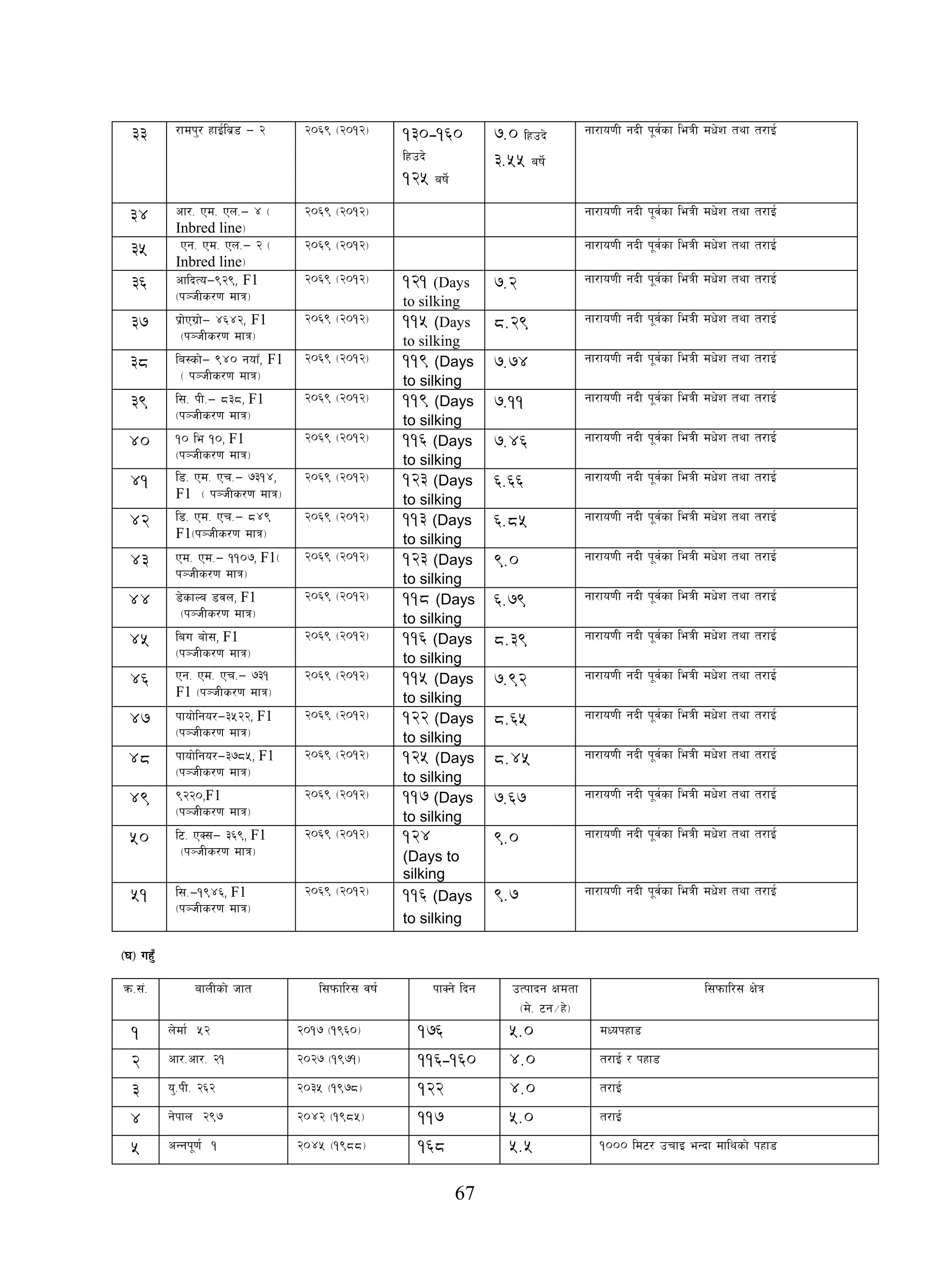 67
33 /fdk'/ xfO{la|8 — @ @)^( -@)!@_ 130-160
lxpb]
125 aif]{
7.0 lxpb]
3.55 aif]{
gf/fo0fL gbL k"j{sf leqL dWf]z tyf t/fO{
34 cf/= Pd= Pn=— $ -
Inbred line_
@)^( -@)!@_ gf/fo0fL gbL k"j{sf leqL dWf]z tyf t/fO{
35 Pg= Pd= Pn=— @ -
Inbred line_
@)^( -@)!@_ gf/fo0fL gbL k"j{sf leqL dWf]z tyf t/fO{
36 cflbTo—(@(, F1
-k~hLs/0f dfq_
@)^( -@)!@_ 121 (Days
to silking
7.2 gf/fo0fL gbL k"j{sf leqL dWf]z tyf t/fO{
37 k|f]Pu|f]— $^$@, F1
-k~hLs/0f dfq_
@)^( -@)!@_ 115 (Days
to silking
8.29 gf/fo0fL gbL k"j{sf leqL dWf]z tyf t/fO{
38 la:sf]— ($) gofF, F1
- k~hLs/0f dfq_
@)^( -@)!@_ 119 (Days
to silking
7.74 gf/fo0fL gbL k"j{sf leqL dWf]z tyf t/fO{
39 l;= kL=— *#*, F1
-k~hLs/0f dfq_
@)^( -@)!@_ 119 (Days
to silking
7.11 gf/fo0fL gbL k"j{sf leqL dWf]z tyf t/fO{
40 !) le !), F1
-k~hLs/0f dfq_
@)^( -@)!@_ 116 (Days
to silking
7.46 gf/fo0fL gbL k"j{sf leqL dWf]z tyf t/fO{
41 l8= Pd= Pr=— &#!$,
F1 - k~hLs/0f dfq_
@)^( -@)!@_ 123 (Days
to silking
6.66 gf/fo0fL gbL k"j{sf leqL dWf]z tyf t/fO{
42 l8= Pd= Pr=— *$(
F1-k~hLs/0f dfq_
@)^( -@)!@_ 113 (Days
to silking
6.85 gf/fo0fL gbL k"j{sf leqL dWf]z tyf t/fO{
43 Pd= Pd=— !!)&, F1-
k~hLs/0f dfq_
@)^( -@)!@_ 123 (Days
to silking
9.0 gf/fo0fL gbL k"j{sf leqL dWf]z tyf t/fO{
44 8]sfNa 8jn, F1
-k~hLs/0f dfq_
@)^( -@)!@_ 118 (Days
to silking
6.79 gf/fo0fL gbL k"j{sf leqL dWf]z tyf t/fO{
45 lau af];, F1
-k~hLs/0f dfq_
@)^( -@)!@_ 116 (Days
to silking
8.39 gf/fo0fL gbL k"j{sf leqL dWf]z tyf t/fO{
46 Pg= Pd= Pr=— &#!
F1 -k~hLs/0f dfq_
@)^( -@)!@_ 115 (Days
to silking
7.92 gf/fo0fL gbL k"j{sf leqL dWf]z tyf t/fO{
47 kfof]lgo/—#%@@, F1
-k~hLs/0f dfq_
@)^( -@)!@_ 122 (Days
to silking
8.65 gf/fo0fL gbL k"j{sf leqL dWf]z tyf t/fO{
48 kfof]lgo/—#&*%, F1
-k~hLs/0f dfq_
@)^( -@)!@_ 125 (Days
to silking
8.45 gf/fo0fL gbL k"j{sf leqL dWf]z tyf t/fO{
49 (@@),F1
-k~hLs/0f dfq_
@)^( -@)!@_ 117 (Days
to silking
7.67 gf/fo0fL gbL k"j{sf leqL dWf]z tyf t/fO{
50 l6= PS;— #^(, F1
-k~hLs/0f dfq_
@)^( -@)!@_ 124
(Days to
silking
9.0 gf/fo0fL gbL k"j{sf leqL dWf]z tyf t/fO{
51 l;=—!($^, F1
-k~hLs/0f dfq_
@)^( -@)!@_ 116 (Days
to silking
9.7 gf/fo0fL gbL k"j{sf leqL dWf]z tyf t/fO{
-3_ ux'F
qm=;+= afnLsf] hft l;kmfl/; jif{ kfSg] lbg pTkfbg Ifdtf
-d]= 6g÷x]_
l;kmfl/; If]q
1 n]df{ %@ @)!& -!(^)_ 176 5.0 dWokxf8
2 cf/=cf/= @! @)@& -!(&!_ 116-160 4.0 t/fO{ / kxf8
3 o'=kL= @^@ @)#% -!(&*_ 122 4.0 t/fO{
4 g]kfn @(& @)$@ -!(*%_ 117 5.0 t/fO{
5 cGgk"0f{ ! @)$% -!(**_ 168 5.5 !))) ld6/ prfO eGbf dflysf] kxf8
 