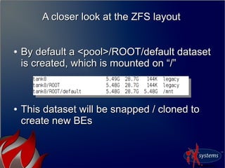 A closer look at the ZFS layoutA closer look at the ZFS layout
●
By default a <pool>/ROOT/default datasetBy default a <pool>/ROOT/default dataset
is created, which is mounted on “/”is created, which is mounted on “/”
●
This dataset will be snapped / cloned toThis dataset will be snapped / cloned to
create new BEscreate new BEs
 