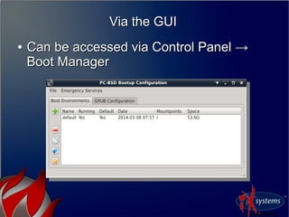 Via the GUIVia the GUI
●
Can be accessed via Control Panel →Can be accessed via Control Panel →
Boot ManagerBoot Manager
 