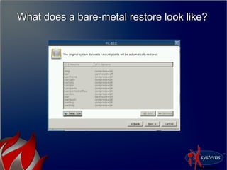 The bare-metal nitty gritty (contd)The bare-metal nitty gritty (contd)
●
Example pc-sysinstall configExample pc-sysinstall...