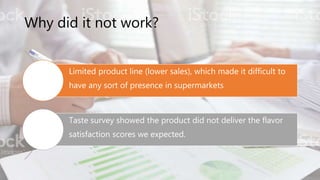 Why did it not work?
Limited product line (lower sales), which made it difficult to
have any sort of presence in supermarkets
Taste survey showed the product did not deliver the flavor
satisfaction scores we expected.
 