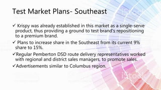Test Market Plans- Southeast
 Krispy was already established in this market as a single-serve
product, thus providing a ground to test brand’s repositioning
to a premium brand.
 Plans to increase share in the Southeast from its current 9%
share to 15%.
Regular Pemberton DSD route delivery representatives worked
with regional and district sales managers, to promote sales.
Advertisements similar to Columbus region.
 