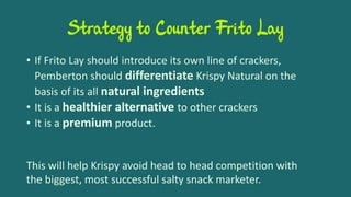 Strategy to Counter Frito Lay
• If Frito Lay should introduce its own line of crackers,
Pemberton should differentiate Krispy Natural on the
basis of its all natural ingredients
• It is a healthier alternative to other crackers
• It is a premium product.
This will help Krispy avoid head to head competition with
the biggest, most successful salty snack marketer.
 